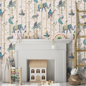 Carousel wallpaper by Brand McKenzie in cream, carousel animals on poles around a fireplace