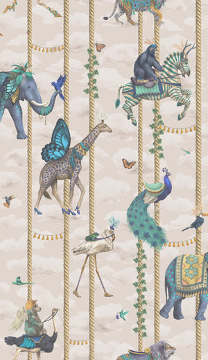 Carousel wallpaper by Brand McKenzie in cream, detail of carousel animals on poles