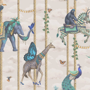 Carousel wallpaper by Brand McKenzie in cream, close-up of carousel animals on poles