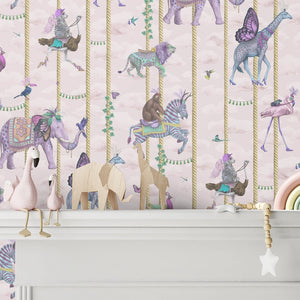 Carousel wallpaper by Brand McKenzie in pink, close-up of carousel animals on poles