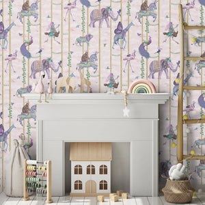 Carousel wallpaper by Brand McKenzie in pink, carousel animals on poles around a fireplace