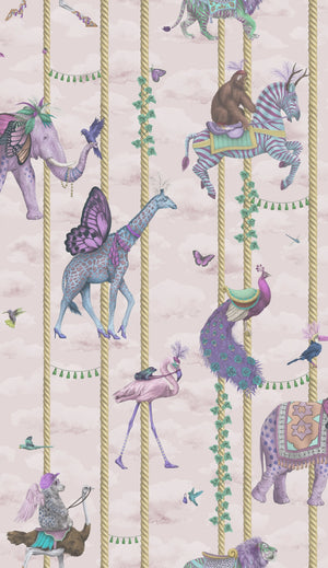 Carousel wallpaper by Brand McKenzie in pink, detail of carousel animals on poles