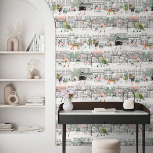Catwalk wallpaper by Brand McKenzie in black and white, animals parading down a city street in a home office
