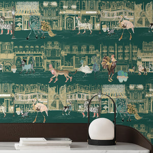 Catwalk wallpaper by Brand McKenzie in teal, animals parading down a city street in a home office