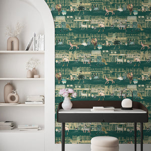 Catwalk wallpaper by Brand McKenzie in teal, animals parading down a city street above a work desk