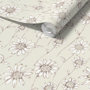 Caja Floral wallpaper by Seed Home Designs in white, full repeat of line-drawn daisies