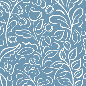 Celeste wallpaper by Claire de Quénetain in blue, full repeat of swirling leaf scrolls