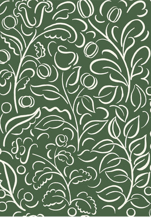 Celeste linen by Claire de Quénetain in green, draped, showing swirling leaf scrolls