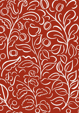 Celeste linen by Claire de Quénetain in red, full repeat of swirling leaf scrolls