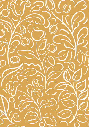 Celeste wallpaper by Claire de Quénetain in yellow, pattern sample of swirling leaf scrolls