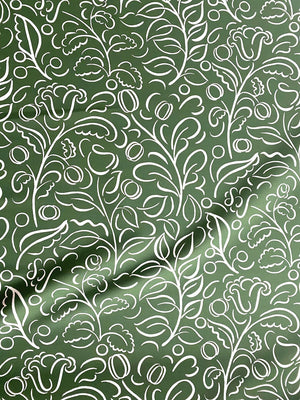 Celeste wallpaper by Claire de Quénetain in green, flat sample of swirling leaf scrolls