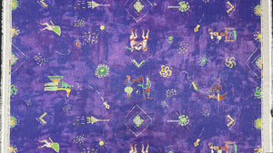 Celestial Promenade linen by The Monkey Puzzle Tree in purple, full repeat of celestial figures