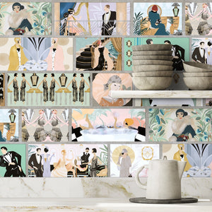 Charleston Tower wallpaper by Brand McKenzie in pastel, stacked 1920s vignettes behind a console table