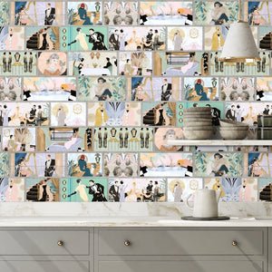 Charleston Tower wallpaper by Brand McKenzie in pastel, stacked 1920s vignettes above a sideboard