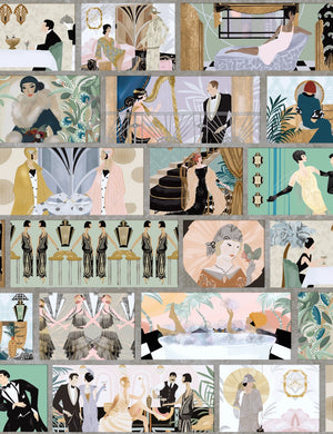 Charleston Tower wallpaper by Brand McKenzie in pastel, detail of stacked 1920s vignettes