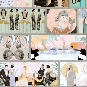 Charleston Tower wallpaper by Brand McKenzie in pastel, close-up of stacked 1920s vignettes