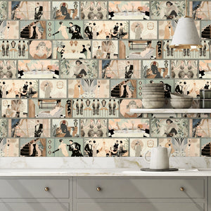 Charleston Tower wallpaper by Brand McKenzie in cream, stacked 1920s vignettes above a sideboard