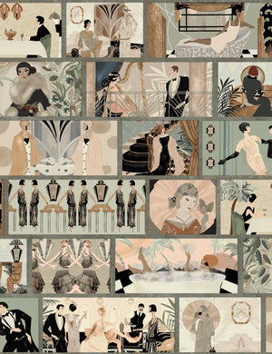 Charleston Tower wallpaper by Brand McKenzie in teal and cream, pattern detail of stacked 1920s vignettes