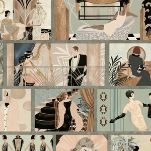 Charleston Tower wallpaper by Brand McKenzie in teal and cream, close view of stacked 1920s vignettes