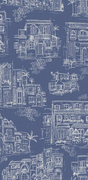 Charming Lanes wallpaper by Brand McKenzie in blue, detail of toile-style townhouses