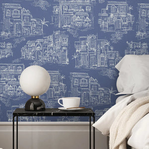Charming Lanes wallpaper by Brand McKenzie in blue, close-up of toile-style townhouses