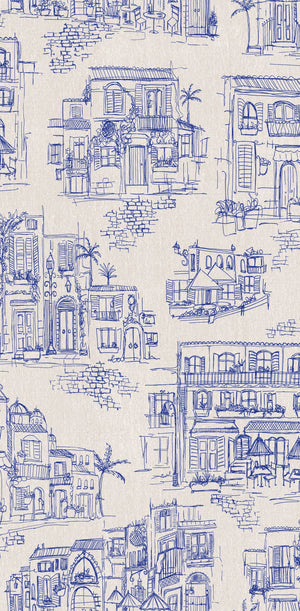 Charming Lanes wallpaper by Brand McKenzie in blue, pattern detail of toile-style townhouses