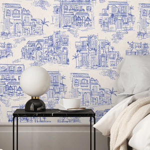 Charming Lanes wallpaper by Brand McKenzie in blue, close-up of toile-style townhouses (alternate view)
