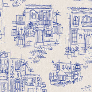 Charming Lanes wallpaper by Brand McKenzie in blue, close view of toile-style townhouses