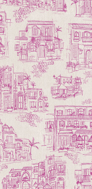 Charming Lanes wallpaper by Brand McKenzie in fuchsia, close view of toile-style townhouses
