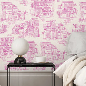 Charming Lanes wallpaper by Brand McKenzie in fuchsia, detail of toile-style townhouses