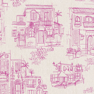 Charming Lanes wallpaper by Brand McKenzie in fuchsia, toile-style townhouses behind a bed