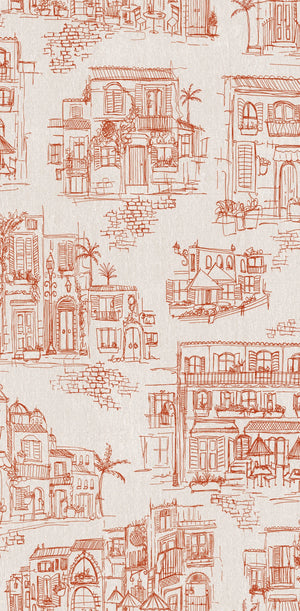 Charming Lanes wallpaper by Brand McKenzie in orange, close-up of toile-style townhouses