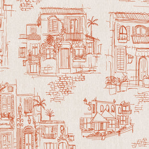 Charming Lanes wallpaper by Brand McKenzie in orange, pattern detail of toile-style townhouses