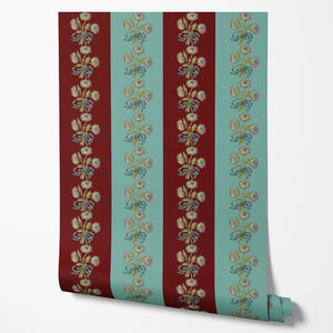 Chateau Stripe wallpaper by Tatie Lou in red and blue, full repeat of floral stripes
