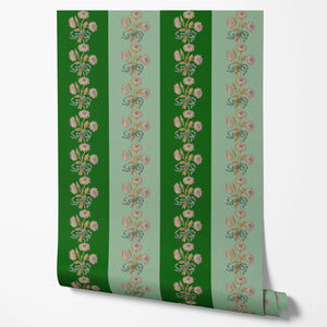Chateau Stripe wallpaper by Tatie Lou in green, roll showing floral stripes