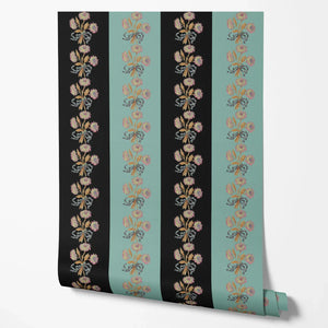 Chateau Stripe wallpaper by Tatie Lou in black and blue, full repeat of floral stripes