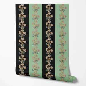 Chateau Stripe wallpaper by Tatie Lou in black and mint green, flat sample of floral stripes