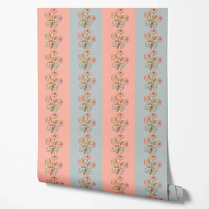 Chateau Stripe wallpaper by Tatie Lou in peach, sample roll showing floral stripes