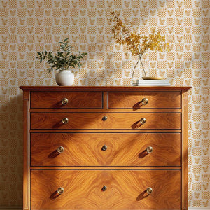 Picnic in the Flowers wallpaper by Studio Le Cocq in yellow, a small floral lattice above a sideboard