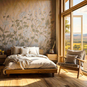 White Chrysanthemums wallpaper by Dami and Em Design in white and beige, chrysanthemums in a bedroom