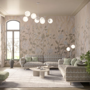 White Chrysanthemums wallpaper by Dami and Em Design in white and beige, chrysanthemums in a living room