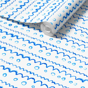 Circles in the Waves wallpaper by Seed Home Designs in blue and white, roll showing watercolour circles and waves