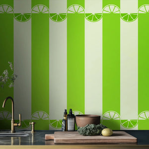 Citrus wallpaper by Liberty James Studio in lime green, flat sample of wide stripes