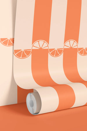 Citrus wallpaper by Liberty James Studio in orange, roll showing wide stripes