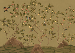 Citrus Trees wallpaper by Dami and Em Design in beige, full repeat of citrus trees