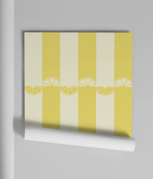 Citrus wallpaper by Liberty James Studio in yellow, roll showing wide stripes