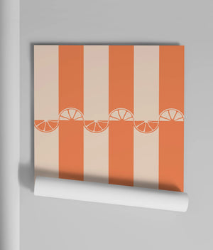 Citrus wallpaper by Liberty James Studio in orange, sample roll showing wide stripes