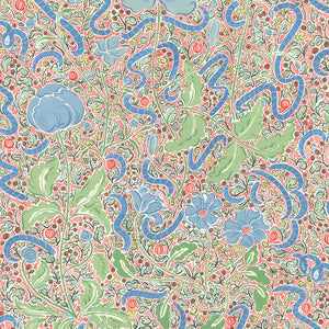 Axelle wallpaper by Claire de Quénetain in green and blue, full repeat of a hand-painted floral design