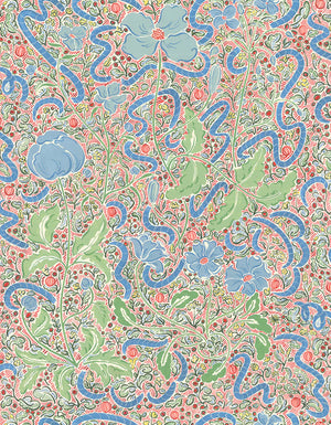 Axelle wallpaper by Claire de Quénetain in green and blue, full repeat of a hand-painted floral design