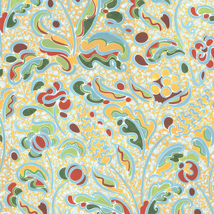 Carmen wallpaper by Claire de Quénetain in yellow and blue, full repeat of a hand-painted floral design